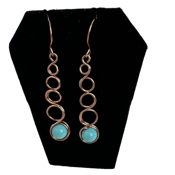 Copper Dangle Earrings With Round Turquoise Beads One of a Kind Celtic Link - Picture 2 of 5